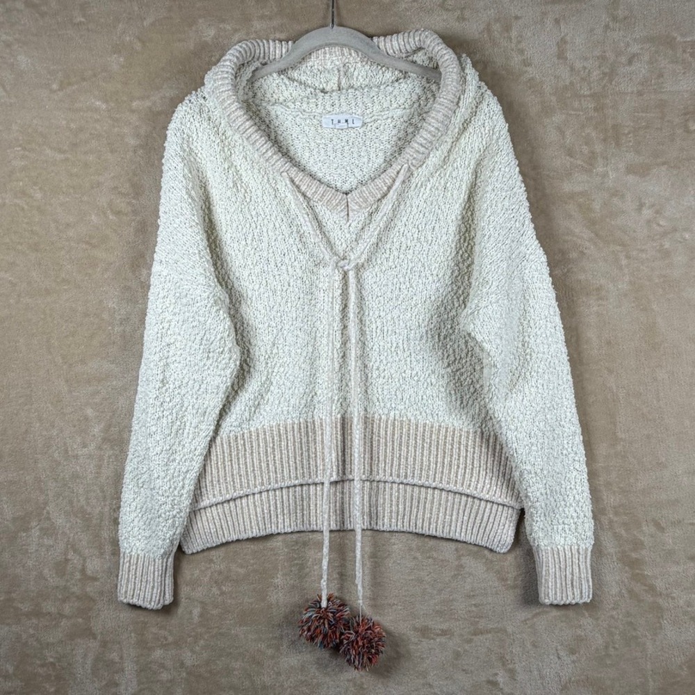 THML Popcorn Knit Hoodie Sweater XS Cream Tan Pom Pom V-Neck Pullover Boho Cozy